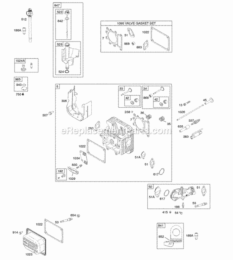 Cylinder Head Gasket Set-Valve Intake Manifold Lubrication Valves Diagram and Parts List for  Briggs and Stratton Engine